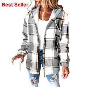 Women's Fleece Lined Plaid Shacket Hooded Jacket Lightweight Casual Coat